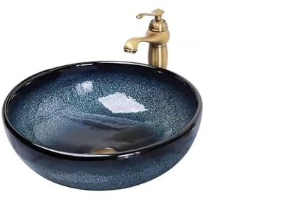 Lavabo Bleu à Poser, Petit Lavabo Vasque en Céramique pour Appartement, Installation Sous Plan, Facile à Nettoyer, pour Salle de Bain, Plan de Travail, Maison(Large)