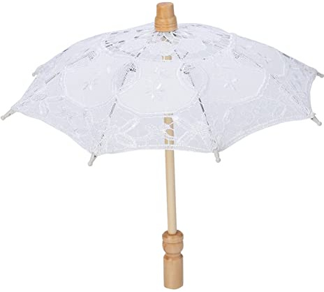 AMONIDA Handmade Lace Flower Embroidery Parasol Wedding Bride Photography Umbrella Elegant Silk Cloth Solid Wood Handle Photo Props for Wedding Decoration