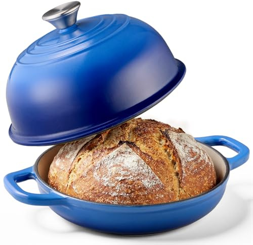 KOMORE 4.4L Cast Iron Dutch Oven for Sourdough Bread Baking with Lid, Blue | Enamelled Cast Iron Pot for Bread Making, Roasting, Braising & Frying - Oven Safe up to 260°C, Non Stick, 22cm.