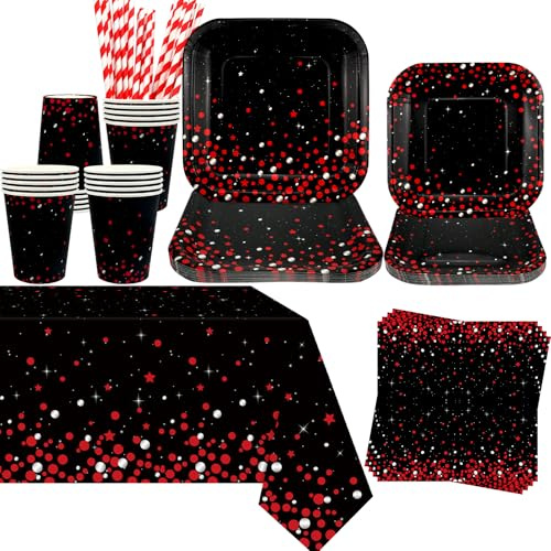 Obussgar Red and Black Party Supplies - Red Black Birthday Party Decorations Includes Plates, Cups, Napkins, Tablecloth, Straws - Serves 20