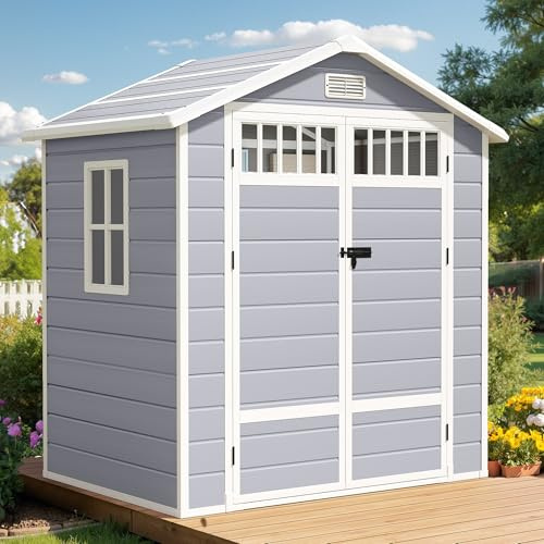 YITAHOME Gerätehaus Kunststoff 182x134x210cm,Gartenhaus Doppeltuer,Kaltgrau | Gartenschuppen Fahrradgarage Gartenhütte Werkzeugschuppen Gartenmöbel Unterstand Rasenmäher Unterstellplatz|Abschliessbar