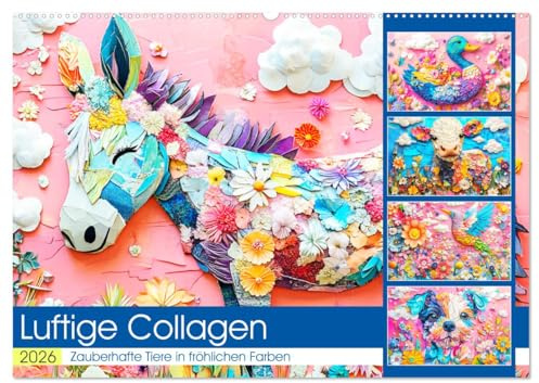 Luftige Collagen. Zauberhafte Tiere in fröhlichen Farben (Wandkalender 2026 DIN A2 quer), CALVENDO Monatskalender: Verträumte Tiercollagen in Pastellfarben für ein duftiges Jahr (CALVENDO Kunst)