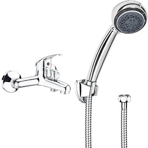 CON:P PICCOLO Bade-Einhebelmischer, chrom, SA841 + Carballo Brause-Set, Handbrause, 8 Strahlarten, Durchmesser 85 mm mit Antikalk Funktion, Brauseschlauch, Metall, 1/2 Zoll x 150 cm, Wandhalter, 1 Stück, Chrom, SA330695