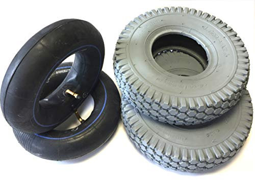 Rollstuhlreifen 2 Stück 4.10/3.50-6 grau + 2 Stück Schlauch Winkelventil, Reifen kräftiges Blockprofil, stabiler 4 PR Reifenaufbau