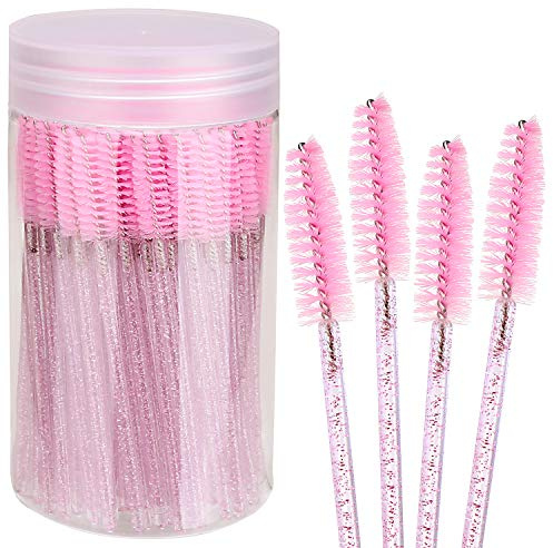 Elisel 100pcs Disposable Mascara Brushes with Container, Mascara Wands Makeup Brushes Applicators Kits for Eyelash Extensions and Eyebrow Brush (Crystal Pink)