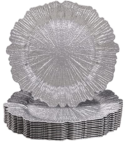 MAONAME Silver Charger Plates Set of 12, Reef Plate Chargers for Dinner Plate, Plastic Decorative Plates for Table Setting, Thanksgiving, Christmas