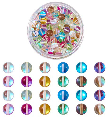 Beadthoven 120pcs 8mm Round Moonstone Beads Half AB Color Plated Holographic Beads Dyed Round Loose Beads for Bracelet Jewelry Making, 12 Colors