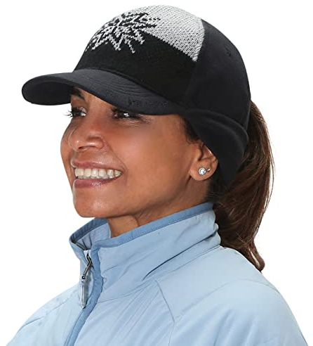 TrailHeads Winter Pony Cap Damen - Baseball Cap mit Ausklappbaren Ohrenwärmern - Schwarze und graue Schneeflocke