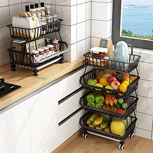KOLENSA Metalldrahtkörbe mit Rädern, stapelbare Aufbewahrungskörbe, Küchen-Organizer, Regal, 3–4–5–6 Etagen, Obst, Gemüsewagen, Geschirr, saisonale Regale für Garage, Speisekammer, Badezimmer