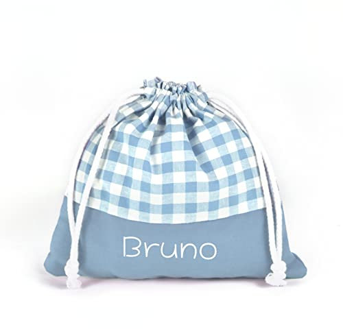 SAQUITOMAGICO Bolsa merienda o almuerzo Infantil Personalizada Vichy para niños o Bebe.Vuelta al Cole (Celeste)