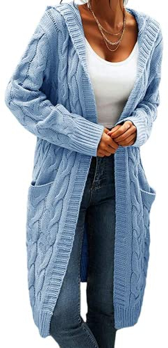 GeGekoko Cardigan da donna con cappuccio, manica lunga, cardigan in maglia grossa, aperto sul davanti, maglione casual autunnale e invernale con tasche, blu cielo, L