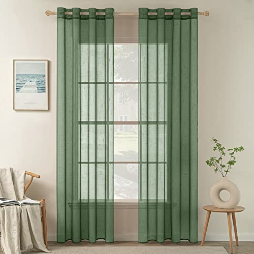 MIULEE Lot de 2 Rideaux Voilages de Fenêtre Lin Imitation Transparents Décorative à Oeillet Voile de Fenêtre Draperie Intérieur Elegant Vintage pour Chmabre Salon Bureau 140x245cm(L X H) Vert Foncé