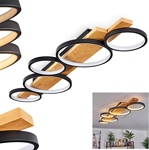 LED Deckenleuchte Rodekro, dimmbare Deckenlampe aus Metall/Holz in Schwarz/Natur/Weiß, über herkömmlichen Lichtschalter dimmbar, moderne Leuchte m. Holzbalken, LED 44 Watt, 3000 Kelvin, 5100 Lumen