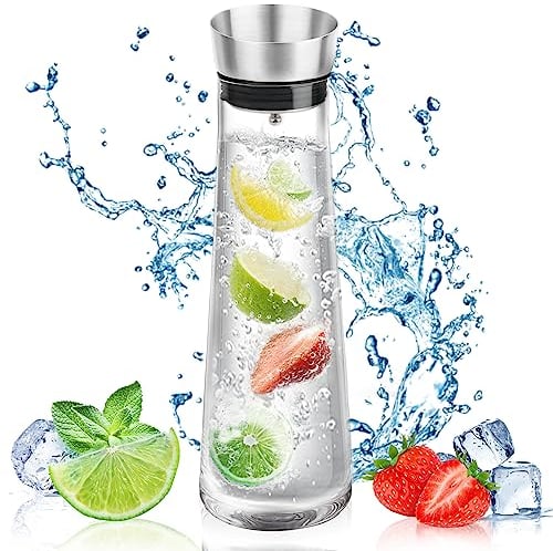 VFANDV Wasserkaraffe, 1 Liter Wasserkaraffe mit Deckel Glaskaraffe Deckel aus Edelstahl Glas Karaffe Glaskrug für Saftgetränke Eistee Heißes Kaltes Wasser