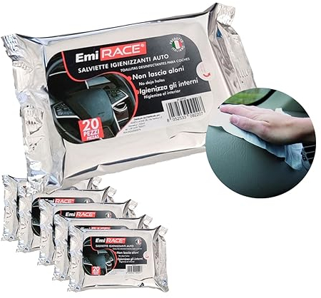 Lot de 20 lingettes désinfectantes pour voiture, effet brillant, nettoyage des surfaces intérieures de voiture, lot de 20 pièces, fabriqué en Italie