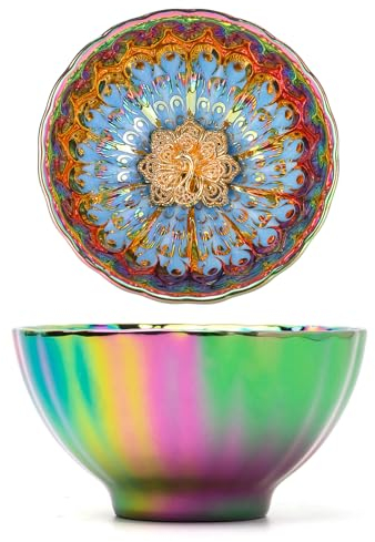 CmengAo Colorful Tenmoku Tea Cup with Golden Peacock, Ceramic Jianzhan Teacup, 5 oz Handmade Chinese Kungfu Tea Bowl for Master Cup and Collection