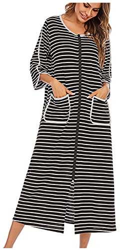 AMhomely Long Nightshirt for Women UK Full Zip Up Nightgown 3/4 Sleeve Nightdress for Women Ladies Loose Fit Stripe Pajamas Dress with Pocket Casual Sleepwear Homewear Dressing Gown Black XL