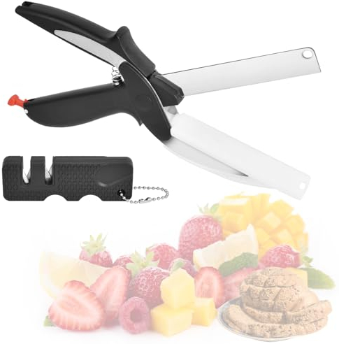 Vicloon Ciseaux à Légumes, 2 en 1 Chopper Cutter et Multifonction Cuisine Aliments Ciseaux, Couteaux de Cuisine et Planche à Découper, pour Couper Les Fruits et Viande - avec Pierre à Aiguiser