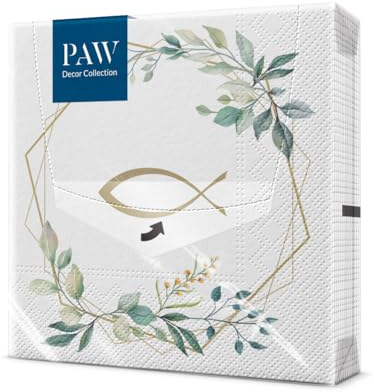 PAW - Servietten 3-lagig (33 x 33 cm) I 20 Stück I Perfekt für Kommunion, Konfirmation, Taufe I Ideal für Jungen & Mädchen I Tischdeko Elegante Papierservietten - Fisch Eukalyptus I Communion Pattern