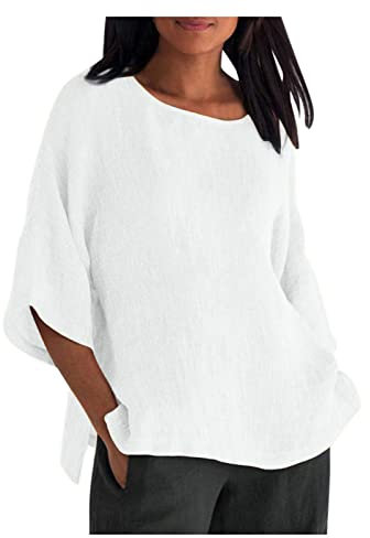 AMhomely Plus Size Linen Tops for Women UK Summer Linen Shirts Half Sleeve Tshirts Ladies Full Size Cotton Round Neck Casual Shirts Blouses Ladies Tops Loungewear 3X 4X 5XL