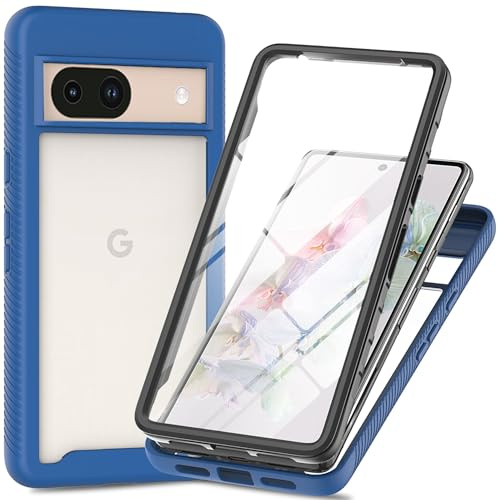 XINYEXIN Funda para Google Pixel 8a, Protector de Pantalla Incorporado [360 Grados Antigolpes] Rugged Bumper Transparente Carcasa Case Cover - Azul Oscuro