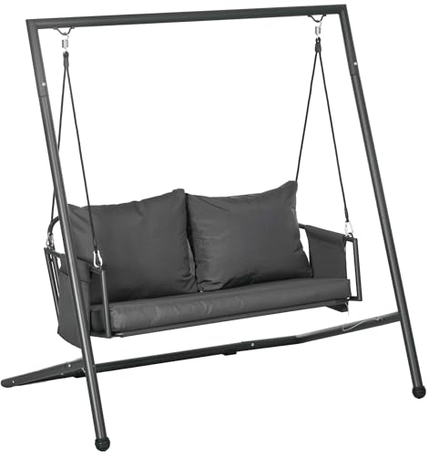 Outsunny Dondolo da Giardino 2 Posti con Cuscini e Tasche Portaoggetti, Dondolo da Esterno in Acciaio e Textilene, 168x117x181 cm, Grigio Scuro