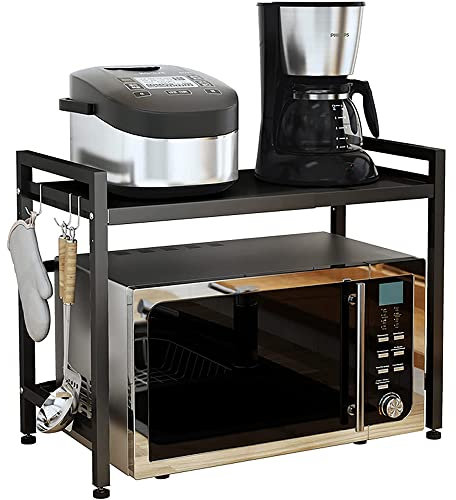 Support Extensible pour Four à Micro-Ondes à Charge Lourde, Support Micro Onde à 1 Niveaux, Support d'étagère de Cuisine, avec Crochets,Extensible,pour épices, conserves, Bouteilles (Noir,1 étage)