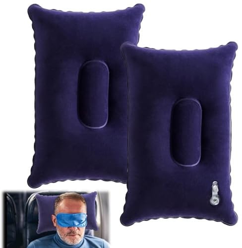 Caybats Almohada Inflable de Viaje Premium Acampar, Playa y Viajes, Tela Afelpada Resistente al Agua, Ultra Ligera y Compacta, Fácil de Inflar, 35.5cm x 22cm x 10cm, Color Azul Oscuro