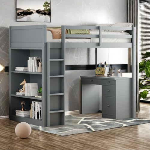 Sapgaks Kinderbett Etagenbett 90x200 rausfallschutz Kinderbett Einzelbett Hochbett mit Aufbewahrungsschränken und Computertisch, multifunktionales Hochbett für Kinder aus Holz in Grau
