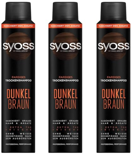 3x Syoss Farbiges Trockenshampoo Dunkelbraun Trockenshampoo ohne Rückstände zur Farbauffrischung, verleiht beim Haarstyling 1 Tag extra Frische ohne Haarewaschen,200ml (3er Pack)
