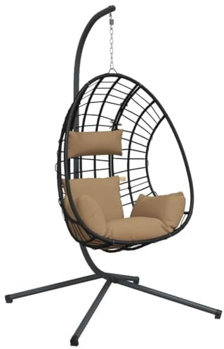 vidaXL Hängesessel, Hängestuhl Ei-Design mit Ständer, Eierstuhl für Wohnzimmer, Schaukelsessel Eiersessel, Modern, Taupe Rattan Stahl