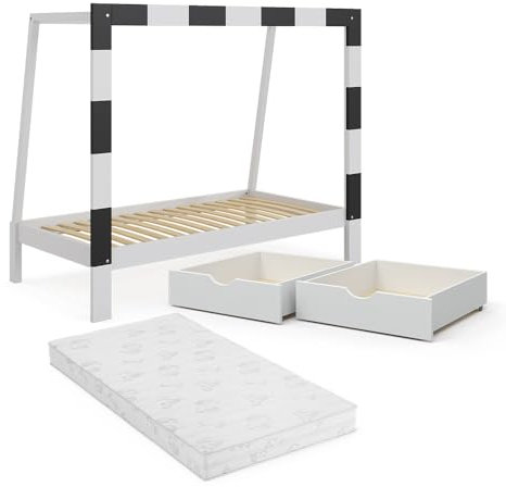 VitaliSpa Kinderbett 80x160 cm Fußballtor mit Schublade und Matratze - Weiß/Schwarz 178x143x88 cm hergestellt aus Holz - Jugendbett ideal für kleine Fussballfans, mit origineller Formgebung