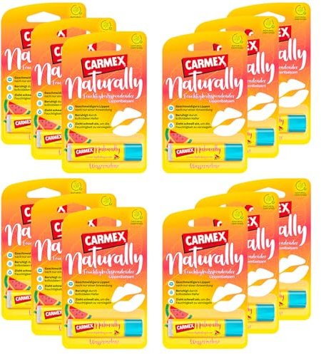 Carmex Naturally Stick Wassermelone - Lippenpflege für trockene Lippen, Lippenbalsam feuchtigkeitsspendend und beruhigend für rissige Lippen, mit Rizinusöl, Vitamin E und Bienenwachs - (12 x 4,25 g)