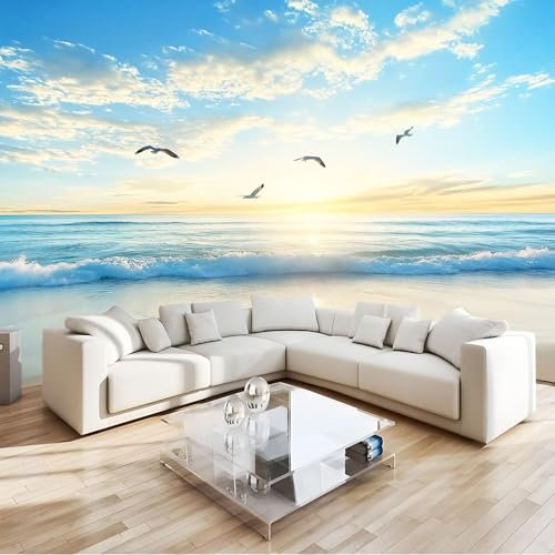 Photo Papier Peint 200 x 140 cm Intissé Murale Bleu Panoramique Poster Papier Peint Lever Du Soleil Plage Mouettes Vagues Photo Murale Tenture Murale pour Appartement Décoration Salon