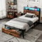Kayan Single Bed Metal Bed with Wood Storage Headboard, Charging Station and LED Lights, 3FT Single Bed Frame with Drawer, Metal Platform Bed for Adults & Teenagers (Black+Walnut, 90x190cm)
