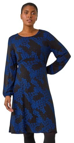 Roman Women Gathered Chest Dress Ladies Stretchy Fit & Flare Swing Tea A Line Skater Knee Length Long Sleeve Midi Smart Casual Work Going Out Cocktail Party - Royal Blue Noir - Size 18