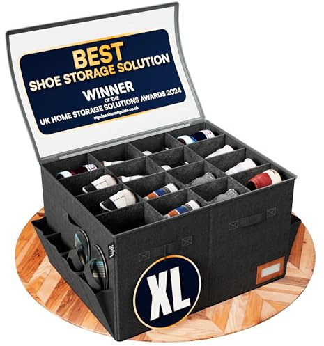 Tydi Large Shoe Storage Box 2 Pack, 16 Compartments, Black | Ultra-stiff and Stackable · Clear Zip Cover with Tag Insert · Space Saver for Closet and Wardrobe