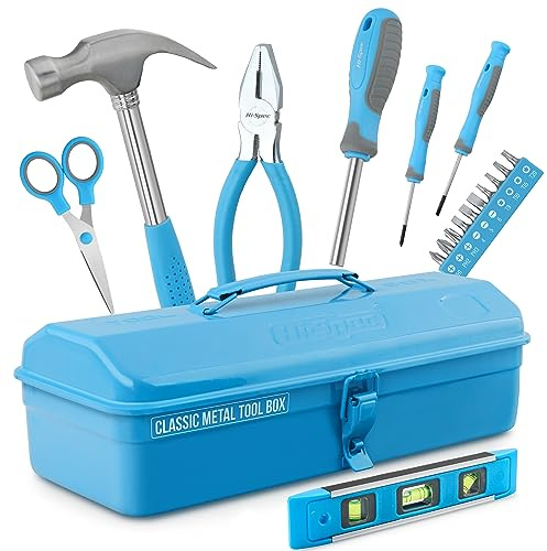Hi-Spec 17pcs Beginner Real Hand Tool Kit in Metal Box, Blue | DIY and Crafts, Easy First Projects, Comfortable Handling, Real Steel Tools, Organized Metal Box, Home and Craft Tasks
