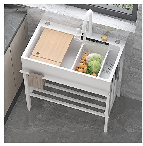 GLMGBP Küchenspülen, Einzelbeckenküche, Wasserfallspüle, Moderne Küchenspüle, Edelstahlwaschbecken, Tragbare Spüle mit heißem und kaltem Wasser, für Restaurants, Geschäfte, Bars/Weiß/80 cm/31