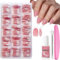MEITREND French Tip False Nails - 240pcs Press On Nails - French Tip Pink Long Square - Glossy Full Cover Glue Stick on Nails Coffin - 15 Sizes