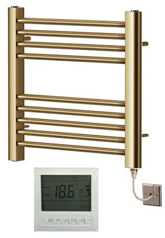 Greened House Electric Brushed Brass Straight Heated Towel Rail 400mm Wide x 600mm High Flat Towel Radiator + Timer and Thermostat