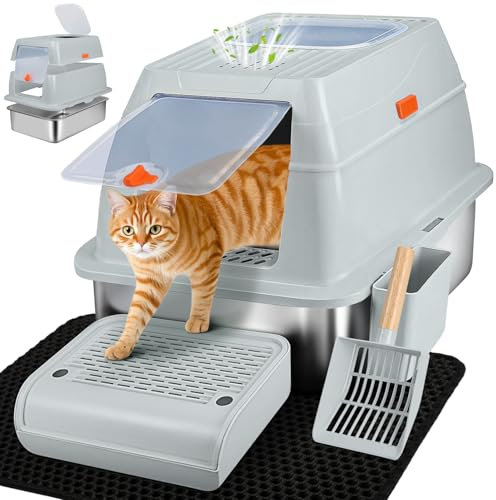 Vivifying Stainless Steel Litter Box with Lid, XL High-Sided, Featuring Dual Entry System, Removable and Leak-Proof Cat Litter Tray with Scoop, Footboard, Charcoal Filteand Mat (Grey)