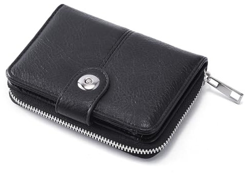 ANYWN Geldbörsen Damen mittelgroß, Portemonnaie Damen mit Kartenfächer und Großes Zipper Münzfach, RFID-blockierende Geldbeutel Frauen mit Reißverschluss und Druckknopf Schwarz