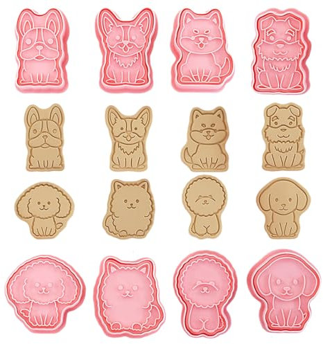 DeryArcle 8 cortadores de galletas para perros, sellos de galletas con patrón de cachorro con asa, juego de moldes de galletas de animales lindos para bricolaje, accesorios de utensilios de cocina