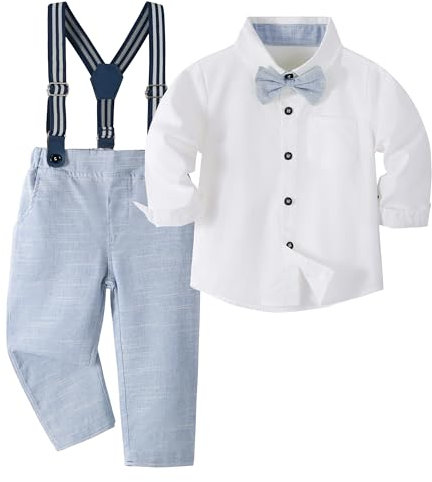 Volunboy Baby Jungen Anzug Set Bekleidung Hemd mit Fliege + Hosenträger Hosen Strampler Anzug(12-18 Monate,Größe 80,Helles Blau)