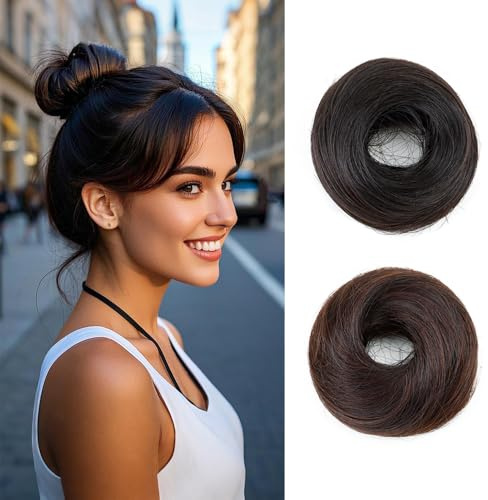 XFSRG Dutt Haarteil Mit Gummiband Flauschige Natürlich Haare Haarverlängerung Echthaar Haarreifen Zopf Geflochten Messy Bun Haarteil Geschenke für Damen(Dunkelbraun & Hellbraun)