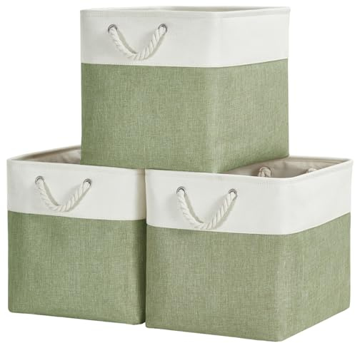 SOCOHOME Fabric Cube Storage Boxes,25x25x25cm Canvas Storage Baskets for Nursery Closet Toys Shelf(Green/White, Set of 3)