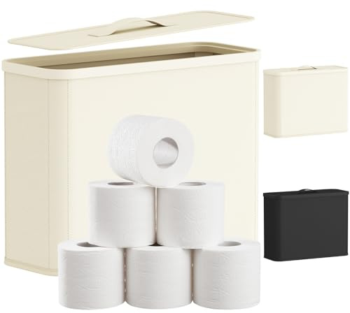 Lifewit Bamboo Toilet Roll Storage Cabinet with Lid,25L,Cream White | Bamboo toilet roll storage cabinet, bathroom box, basket holder stand with lid, handle, multifunctional toilet paper storage