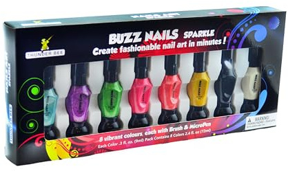Thunder Bee Buzz Nails Sparkle Nail Art Kit – 8 Vibrant Colors with Brush & MicroPen, Quick-Dry Nail Polish Set for Fashionable Nail Designs (0.35 fl oz Each)