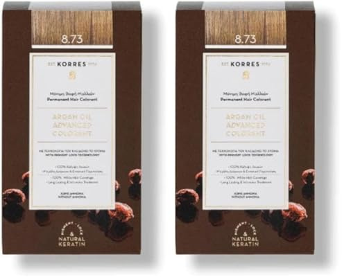KORRES Colorant à l'huile d'argan - Sans ammoniaque - Golden Caramel 8.73 - Couverture 100% des cheveux gris et végétalien pour un résultat de couleur longue durée (Lot de 2)